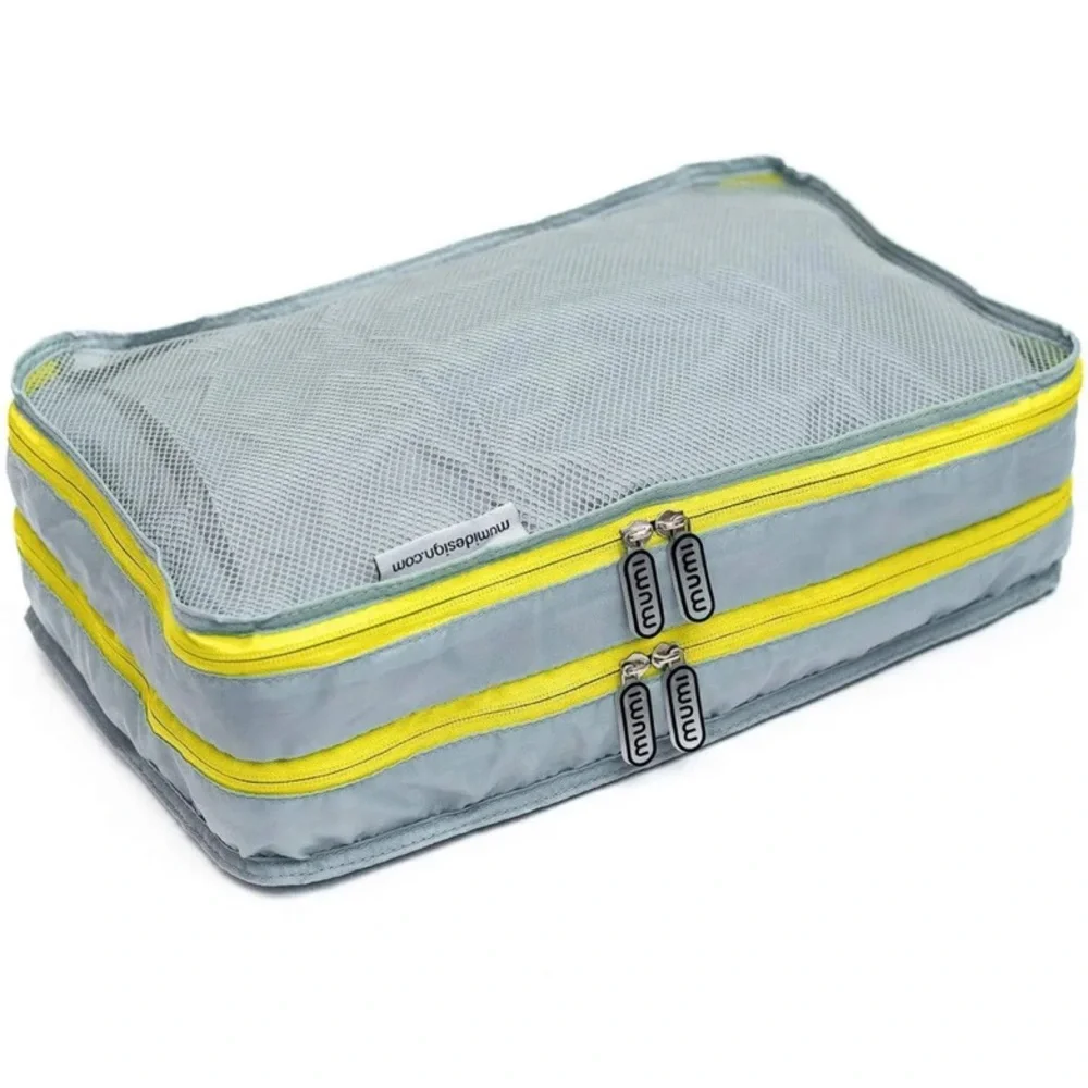 New with Tags Mumi Double Packing Tube Gray and Yellow Zipper Trim